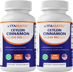 Vitamatic Ceylon Cinnamon bottle cap close-up with berberine and chromium for metabolic support.