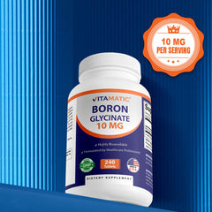 Label detail of Vitamatic Boron Glycinate highlighting non GMO gluten free