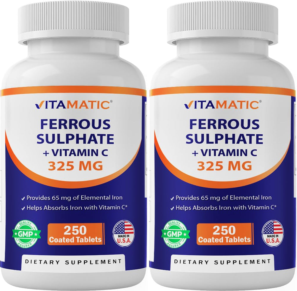 Vitamatic Ferrous Sulfate 325mg bottle label highlights high-potency iron for daily support.
