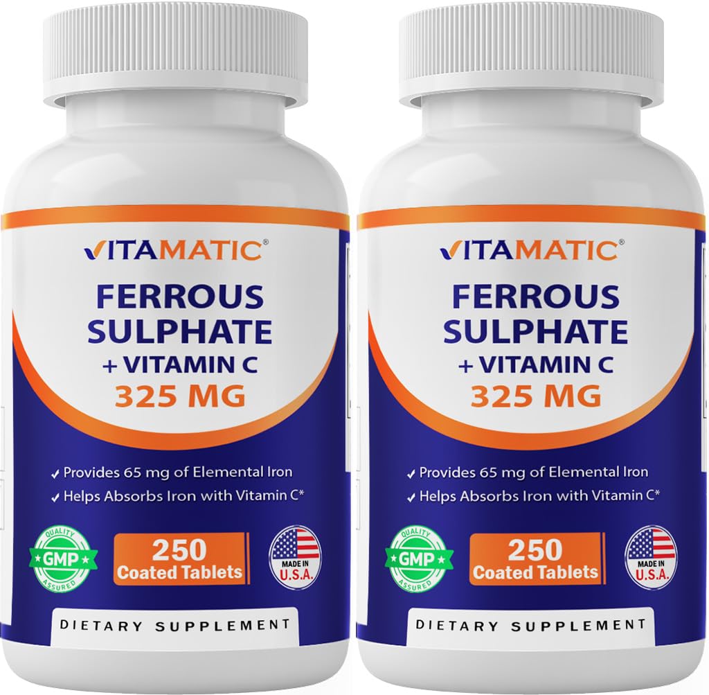 Vitamatic Ferrous Sulfate 325mg bottle label highlights high-potency iron for daily support.