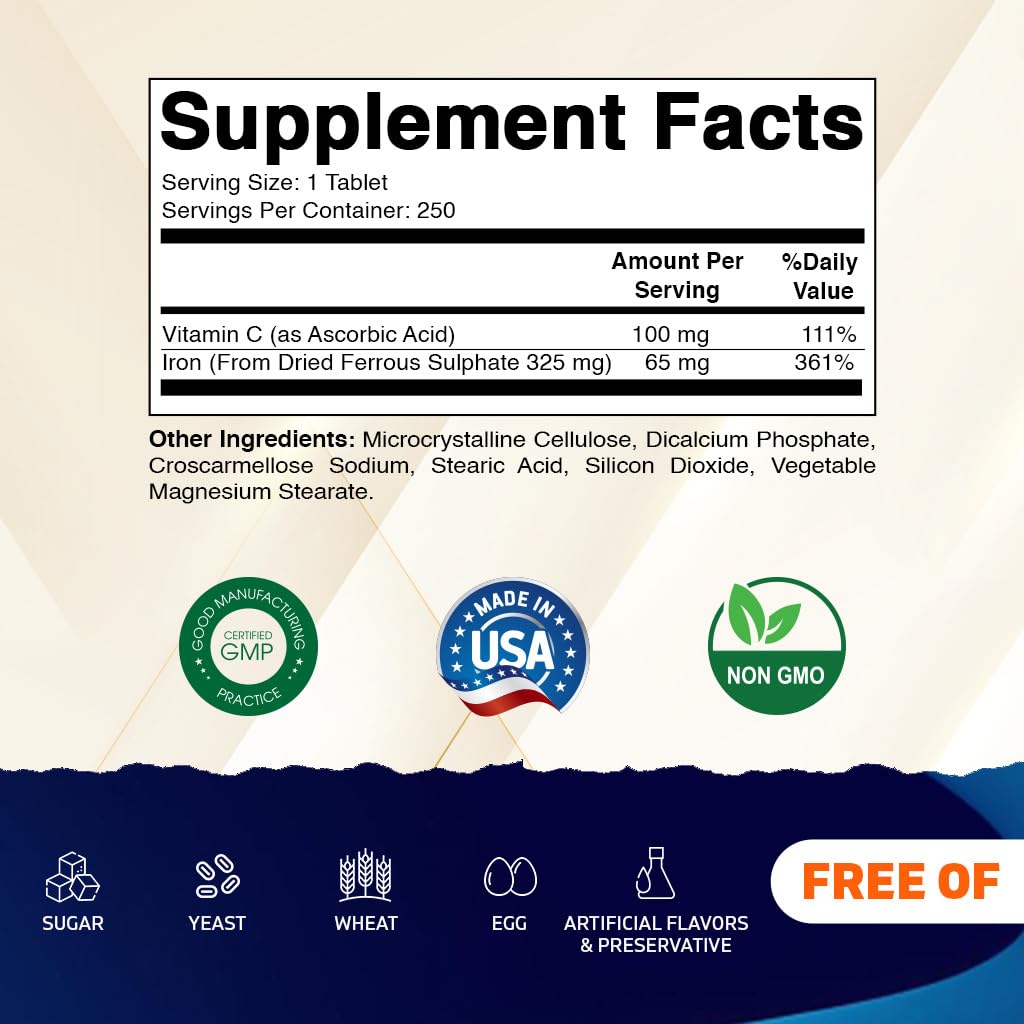 Vitamatic Ferrous Sulfate coated tablets shown for easy swallowing.