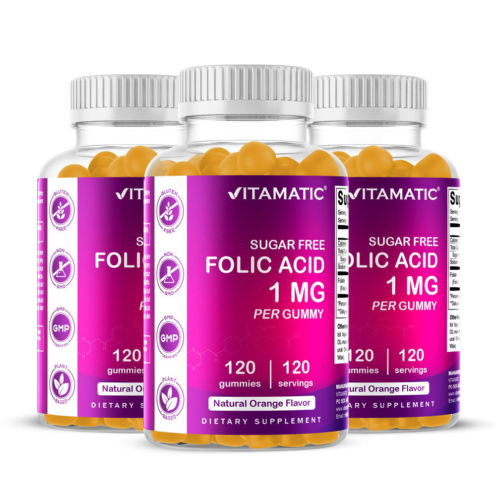 Vitamatic folic acid gummies bottle front for convenient prenatal support