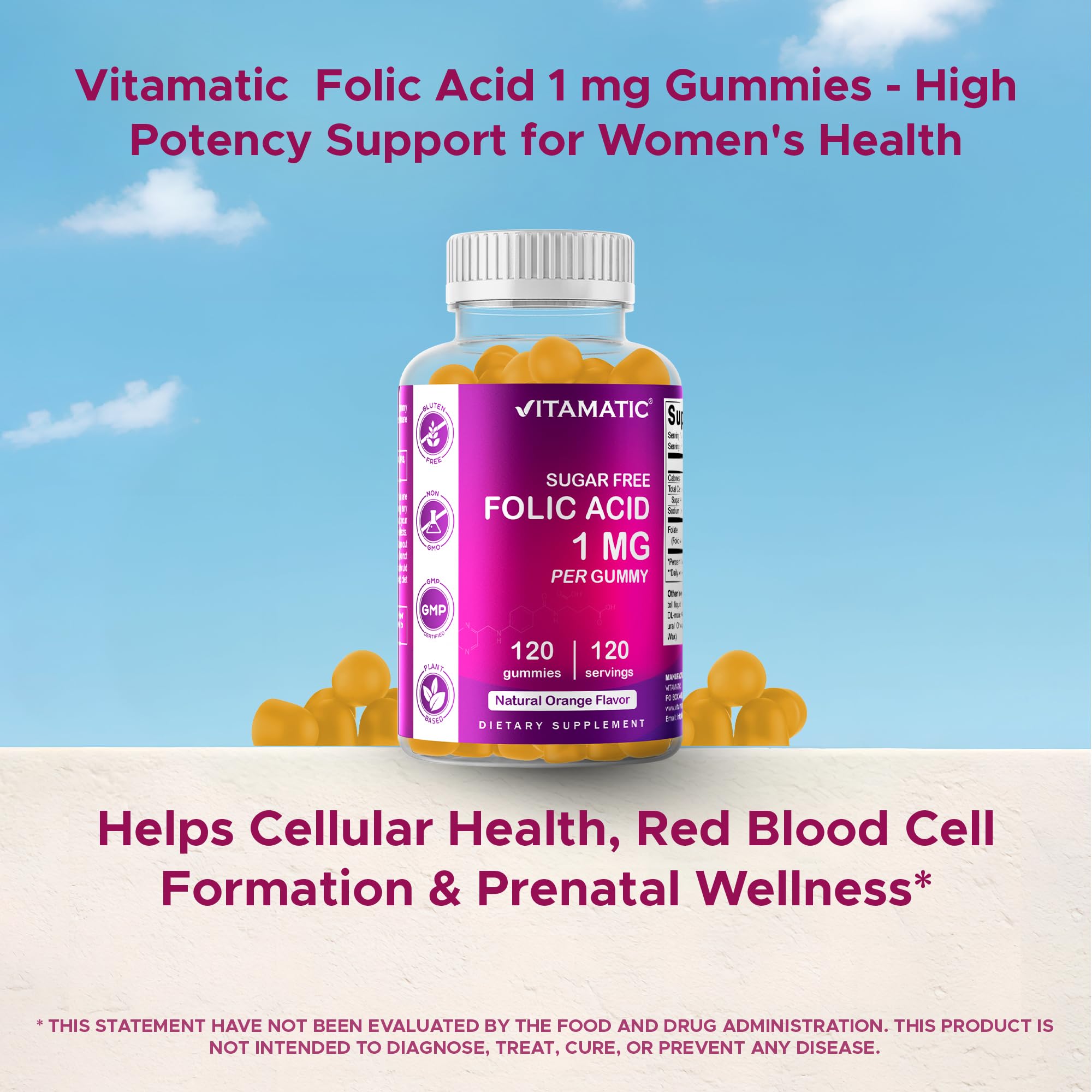 Vitamatic folic acid gummies packaging flatlay