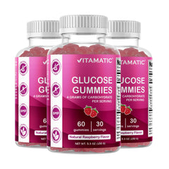 Vitamatic Glucose Gummies bottle shows natural raspberry flavor for easy energy on the go