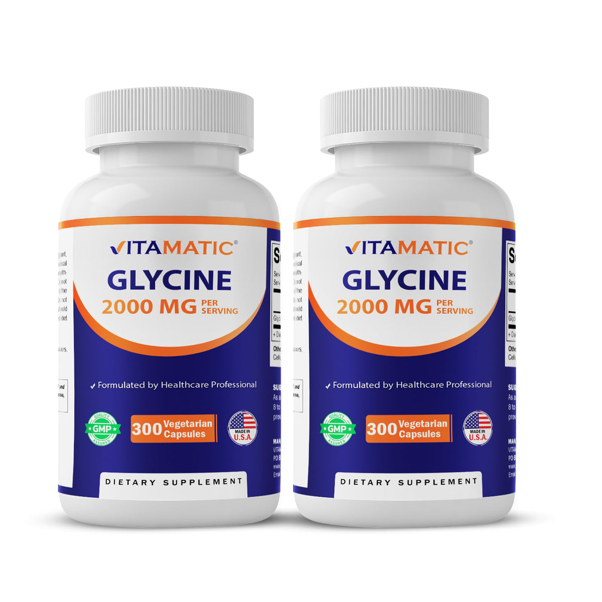 Vitamatic Glycine 2000mg bottle shown for high-potency daily support.