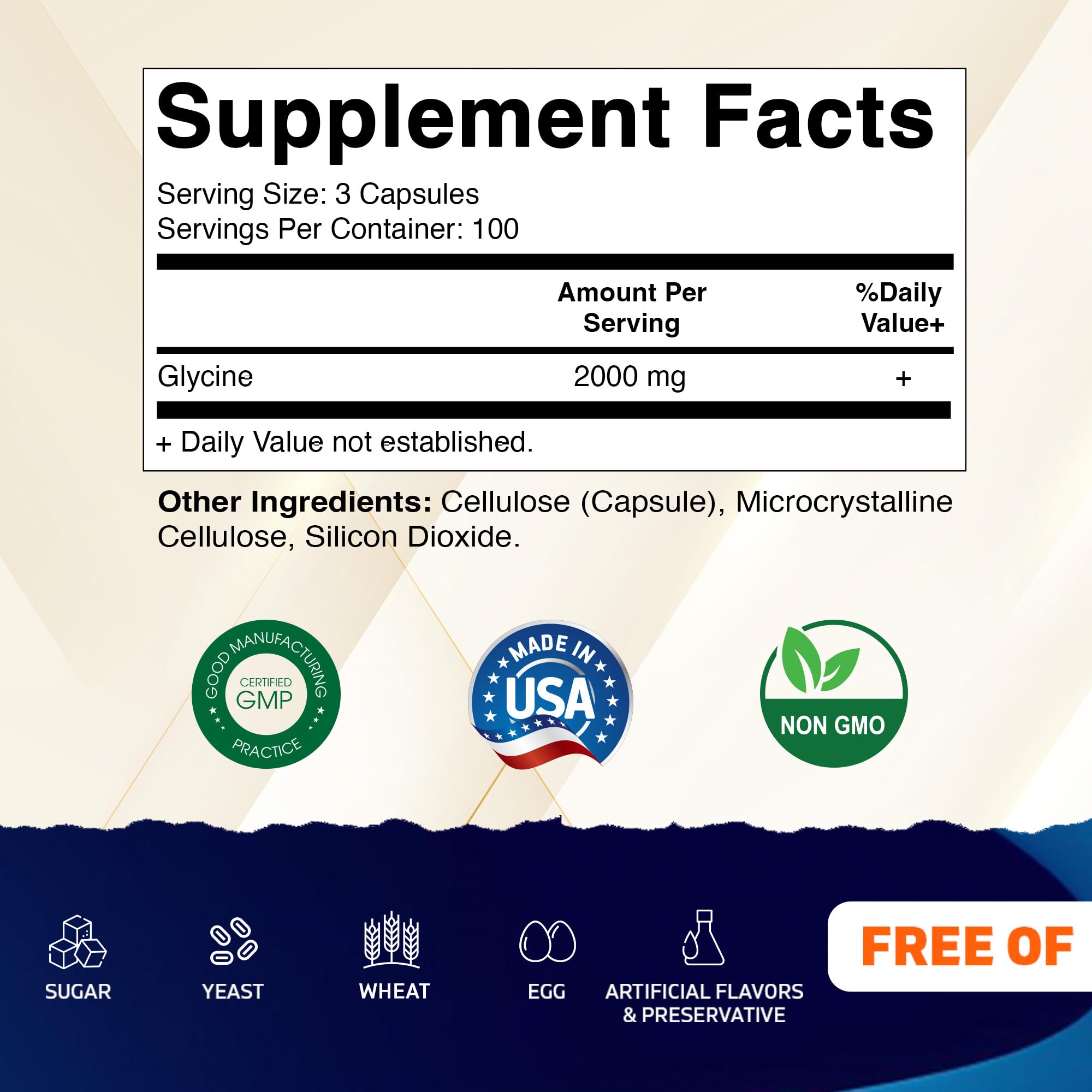 Vitamatic Glycine bottle label closeup highlights non-GMO gluten-free formulation.