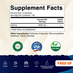 Vitamatic Glycine bottle label closeup highlights non-GMO gluten-free formulation.