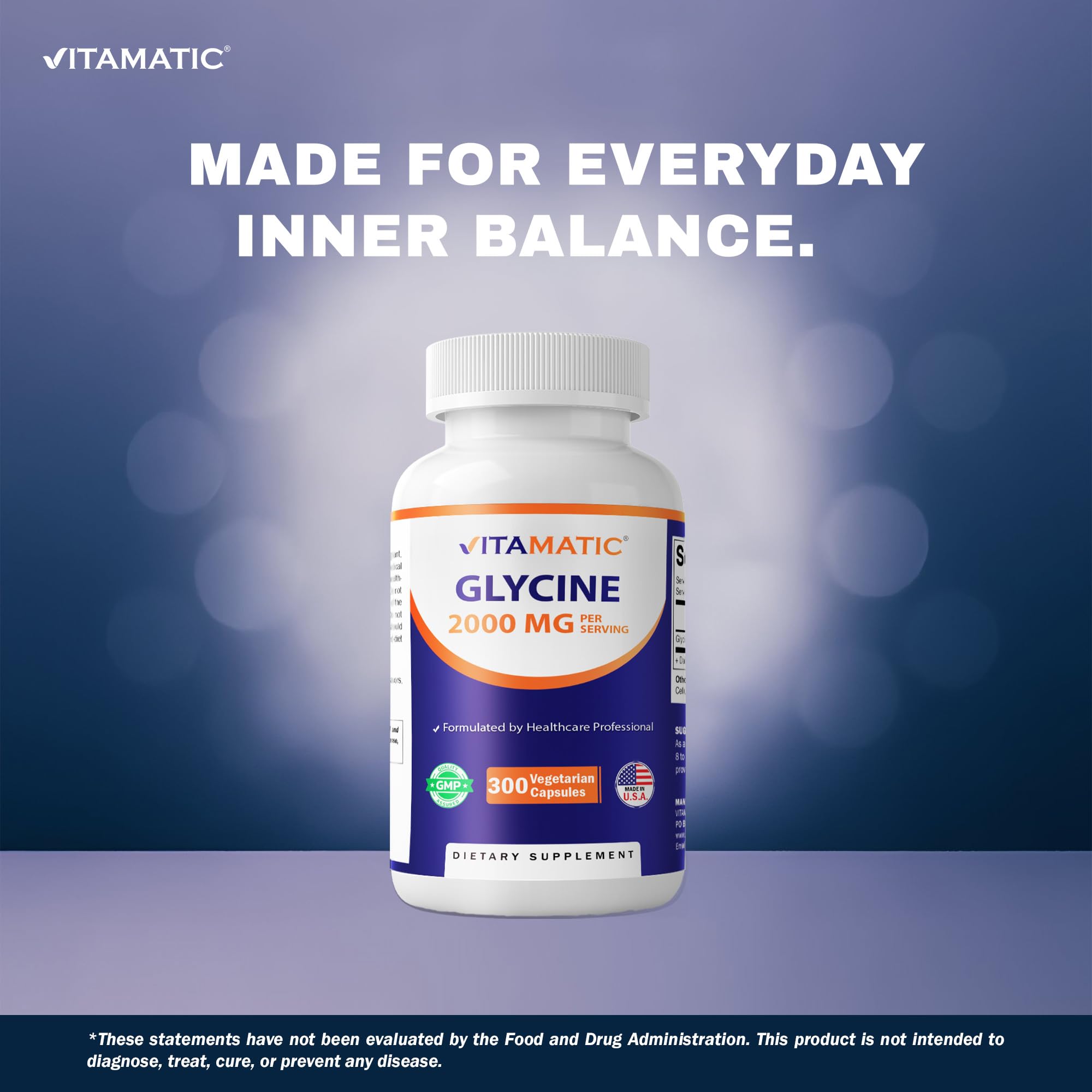 Vitamatic Glycine capsules closeup emphasizes pure, versatile amino acid.