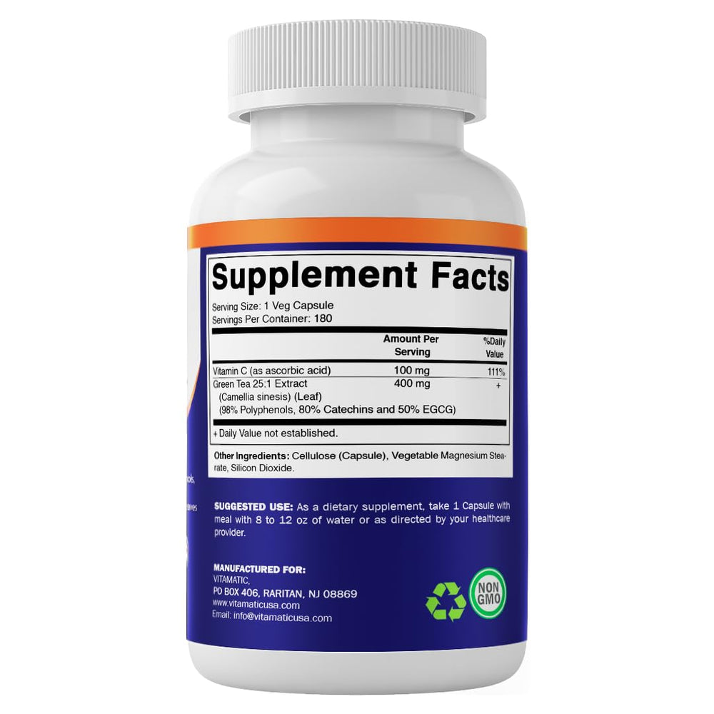 Vitamatic green tea extract bottle against plant imagery suggests natural vitality