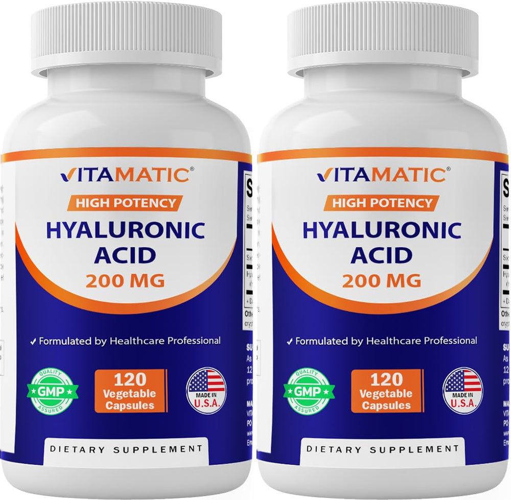 Vitamatic Hyaluronic Acid 2-pack bottle front for joint and skin support