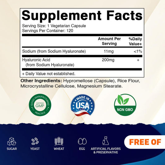 Vitamatic Hyaluronic Acid capsules close-up showing 200 mg per capsule