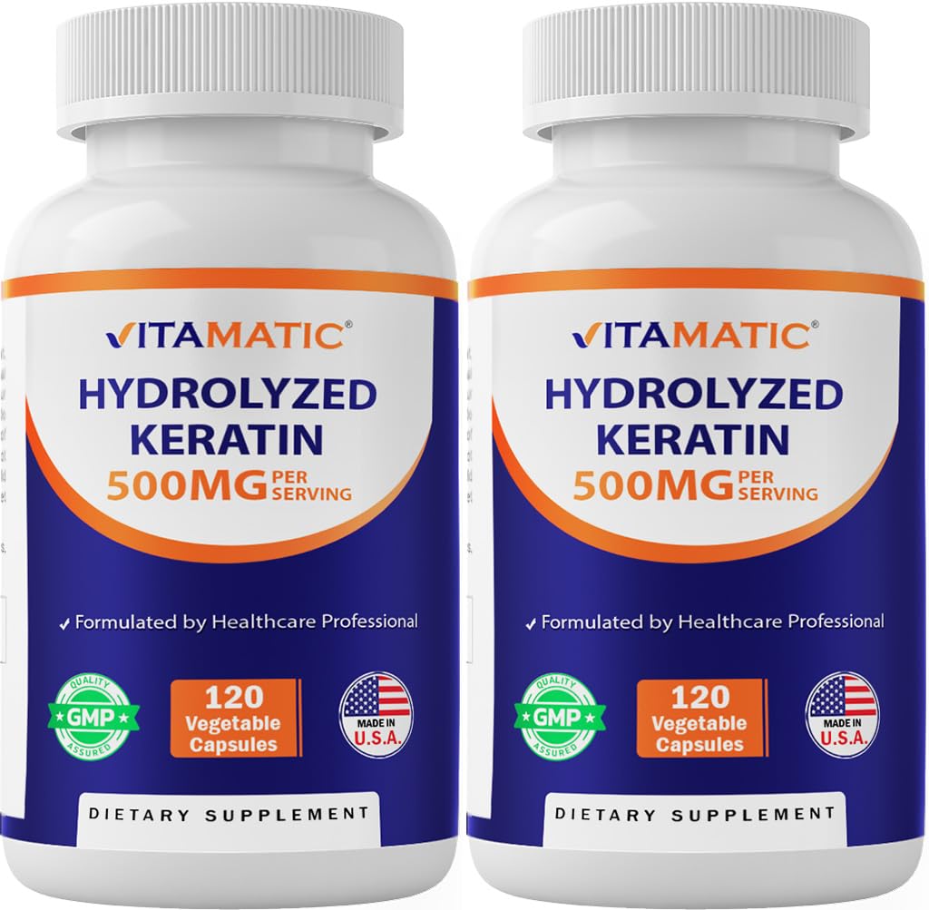 Vitamatic hydrolyzed keratin bottle showing 500 mg serving supports hair and nails