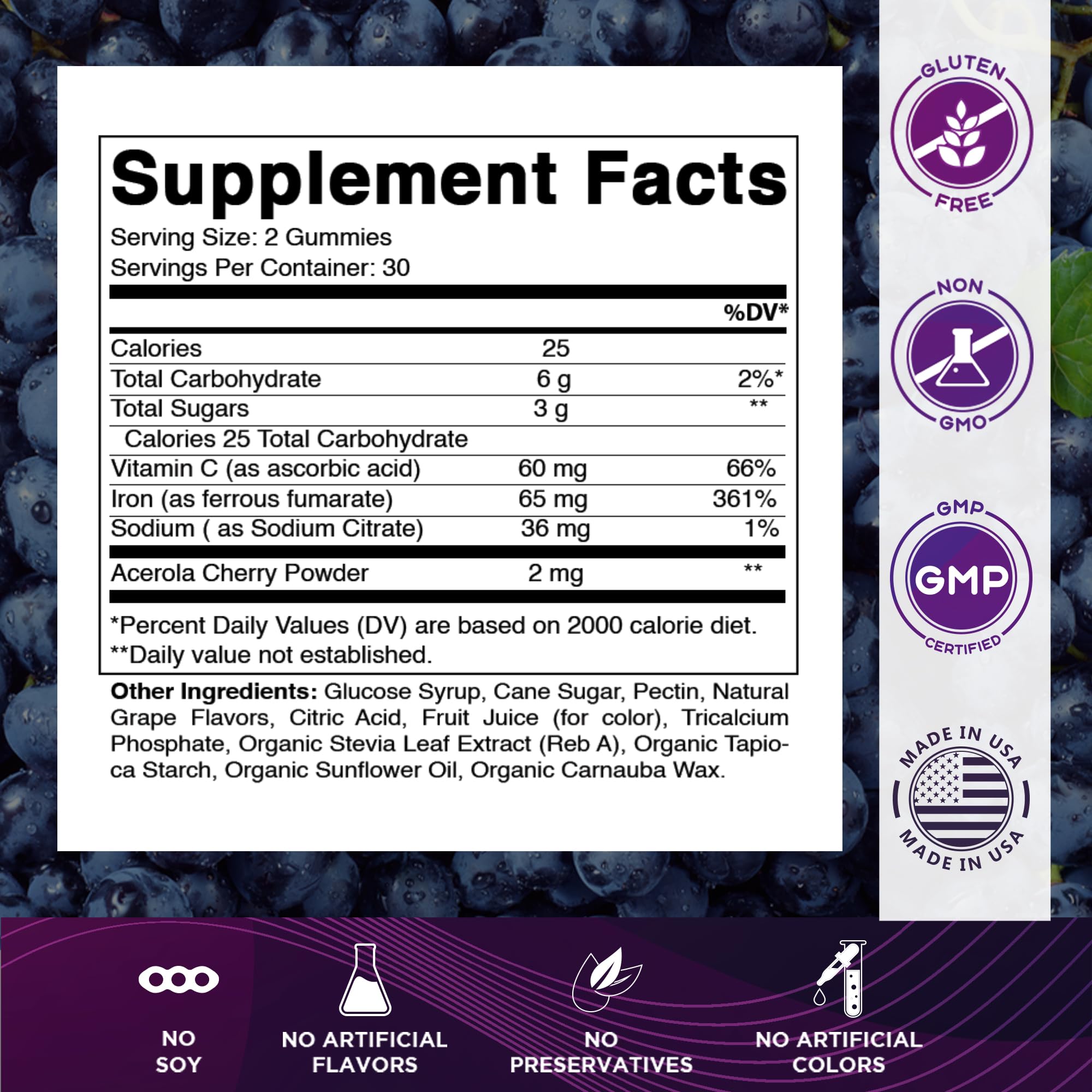 Vitamatic Iron 65 mg gummies closeup highlighting chewy texture and grape taste