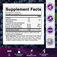 Vitamatic Iron 65 mg gummies closeup highlighting chewy texture and grape taste