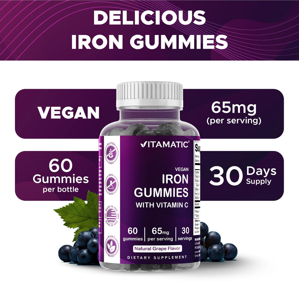 Vitamatic Iron 65 mg gummies packaging emphasizing vegan-friendly ingredients