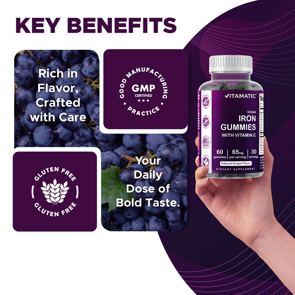 Vitamatic Iron gummies serving on spoon for easy daily intake