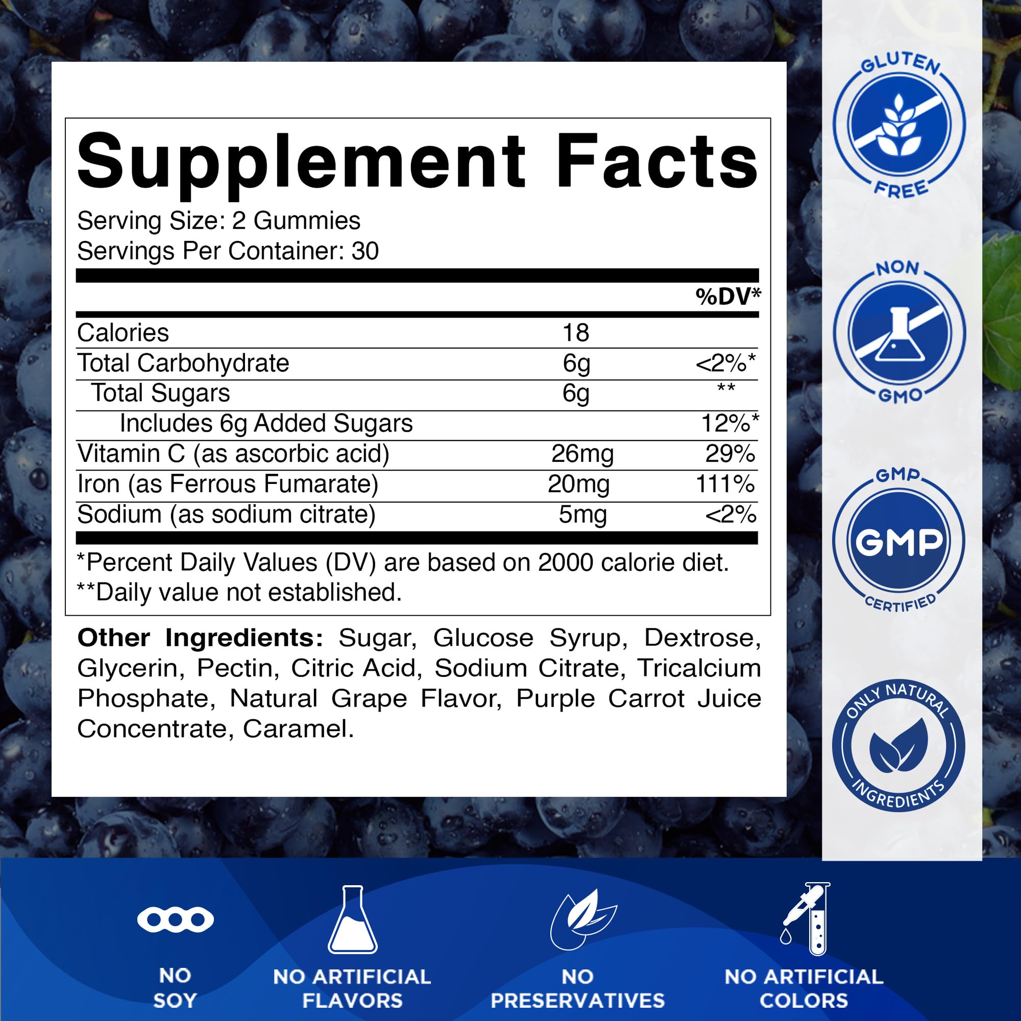 Vitamatic Iron Gummies label highlights 20 mg iron and vitamin C for absorption