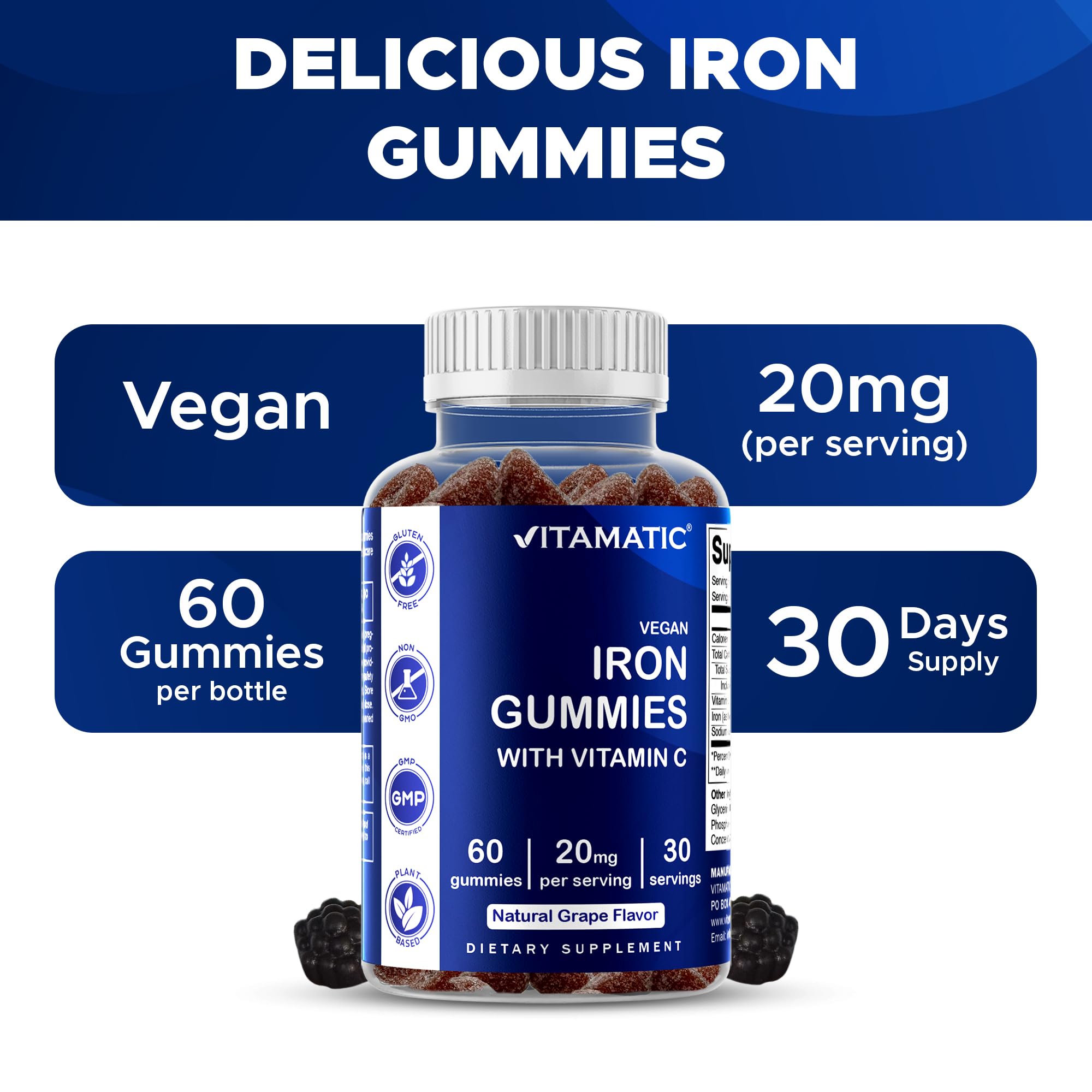 Vitamatic gummy bottle with allergen-free claim and clean ingredients