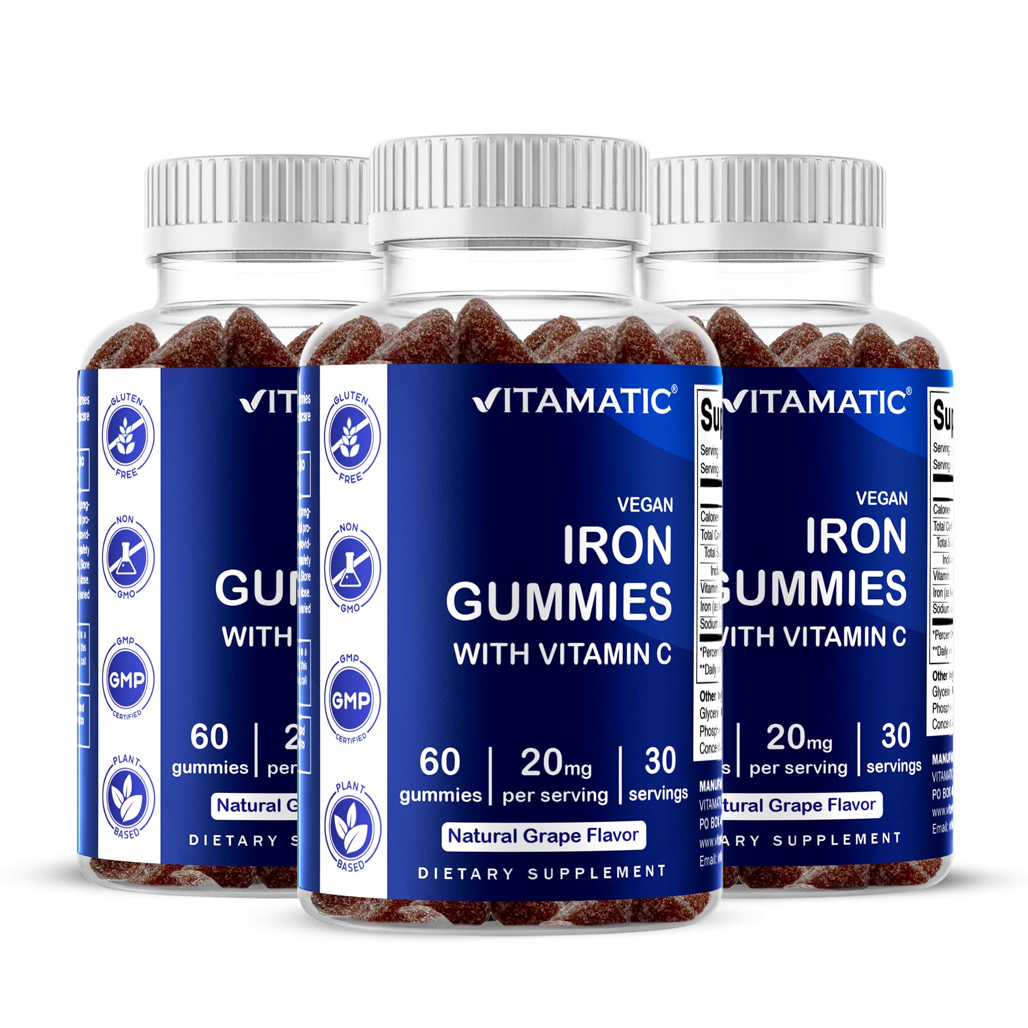 Vitamatic Iron Gummies bottle showing grape flavor for daily iron support