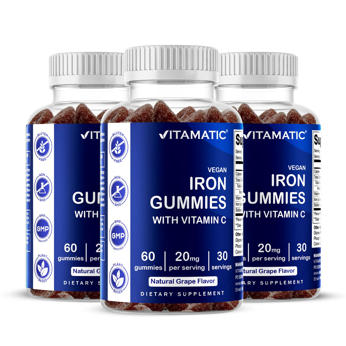 Vitamatic Iron Gummies bottle showing grape flavor for daily iron support