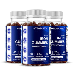 Vitamatic Iron Gummies bottle showing grape flavor for daily iron support