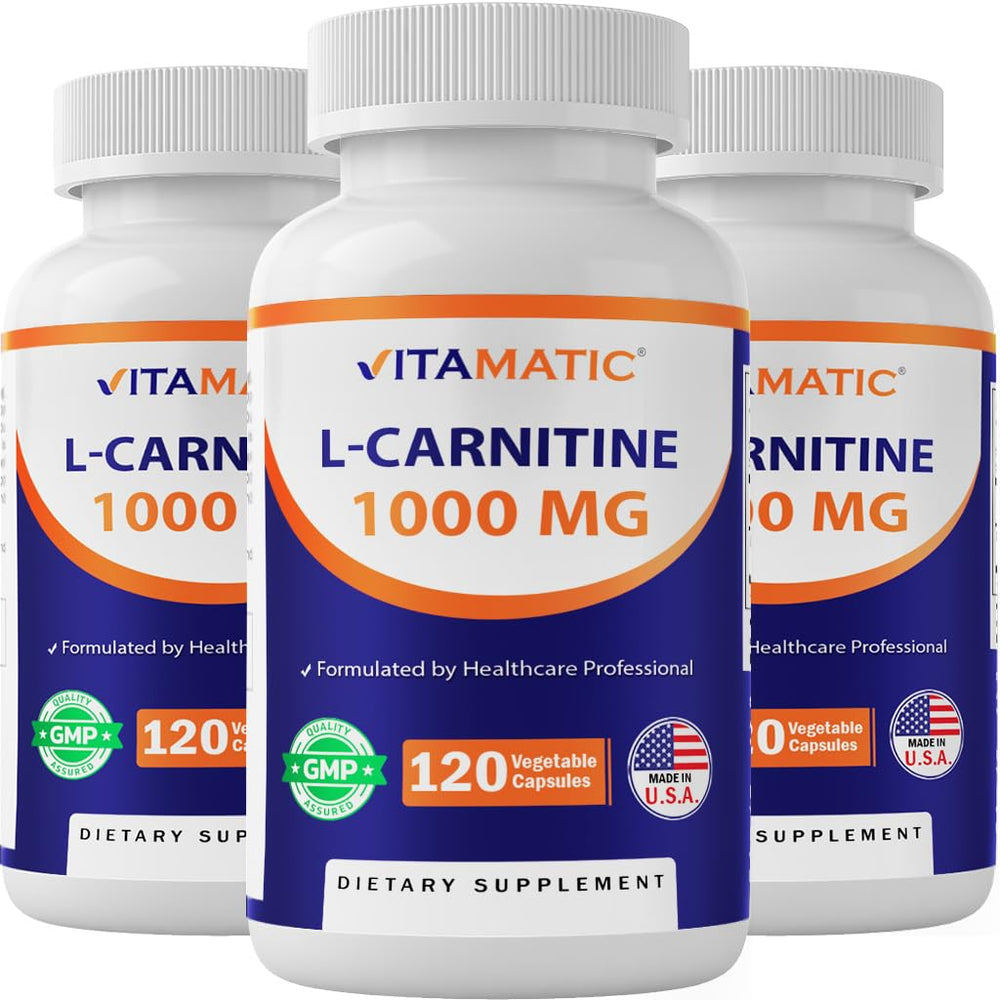 Vitamatic L-Carnitine Fumarate bottle with 1000 mg label for energy support