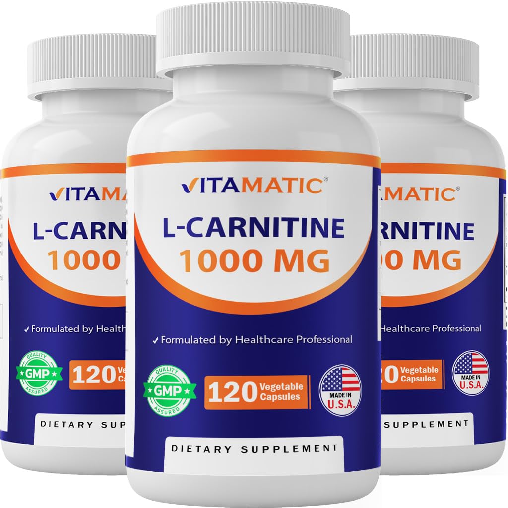 Vitamatic L-Carnitine Fumarate bottle with 1000 mg label for energy support