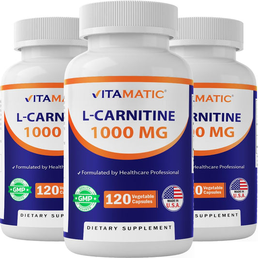 Vitamatic L-Carnitine Fumarate bottle with 1000 mg label for energy support