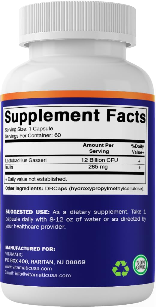Vitamatic Lactobacillus Gasseri bottle shown with a glass of water for intake