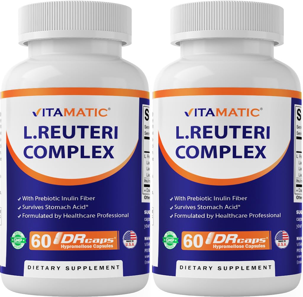 Vitamatic Lactobacillus Reuteri Complex bottle with 60 capsules for daily digestive support.