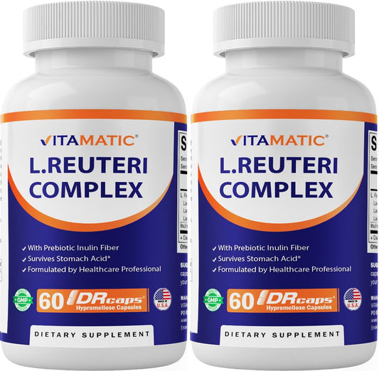 Vitamatic Lactobacillus Reuteri Complex bottle with 60 capsules for daily digestive support.
