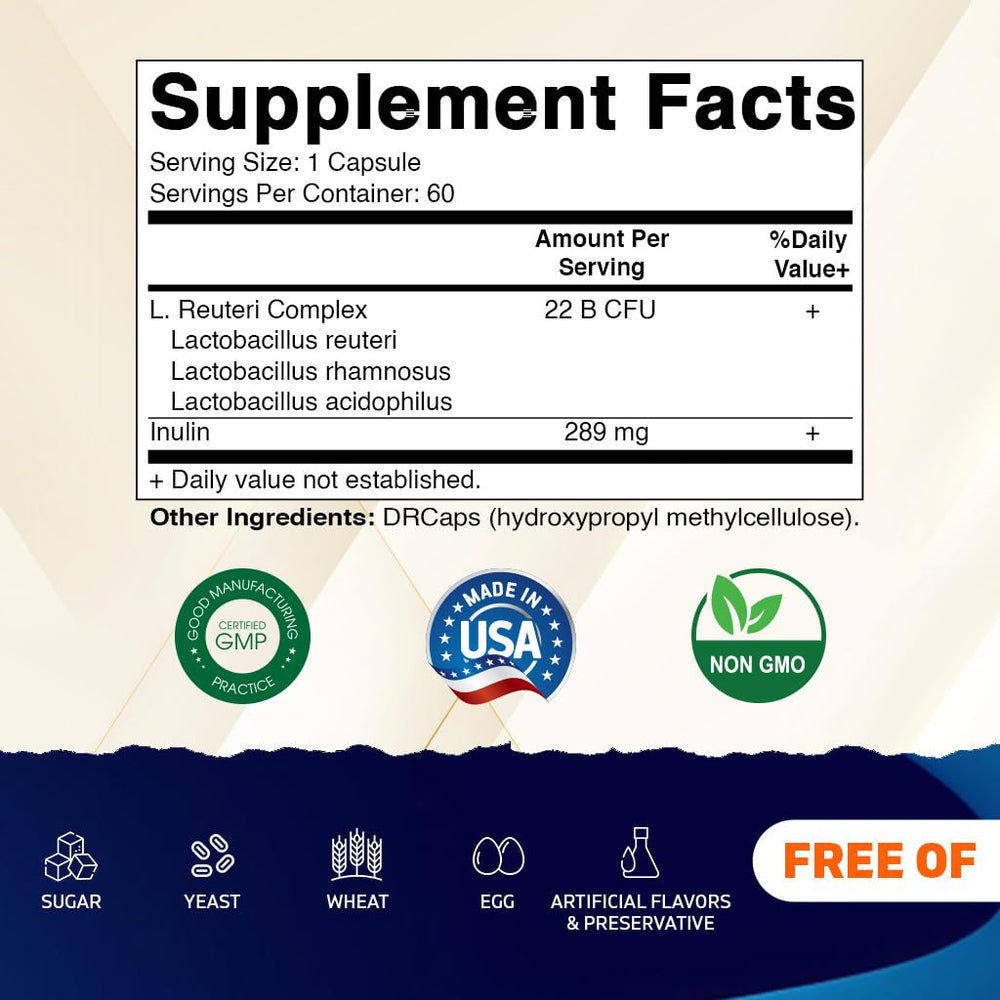 Vitamatic Lactobacillus Reuteri Complex capsules closeup highlighting uniform delayed-release capsules.