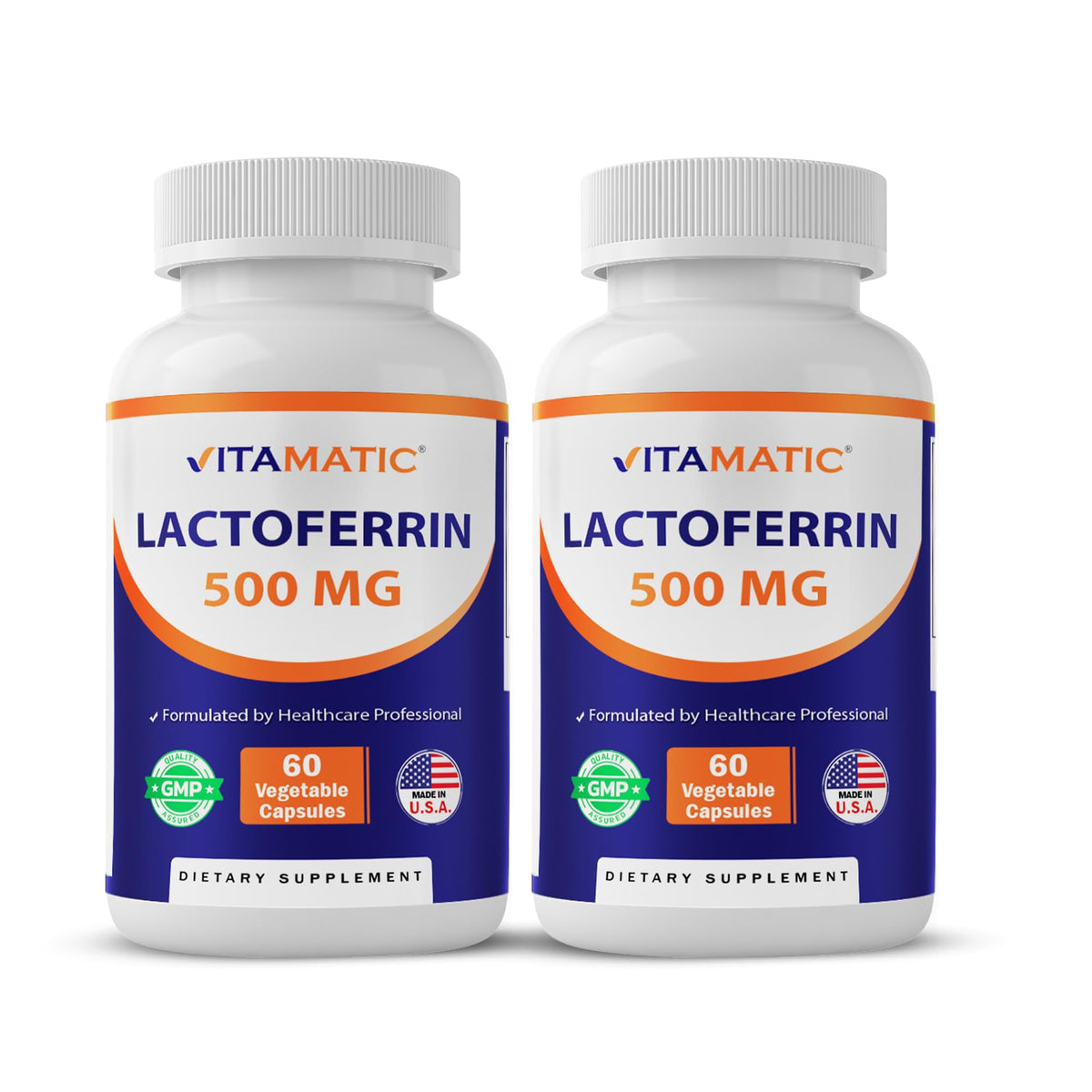 Vitamatic Lactoferrin 500mg bottle front view for immune support