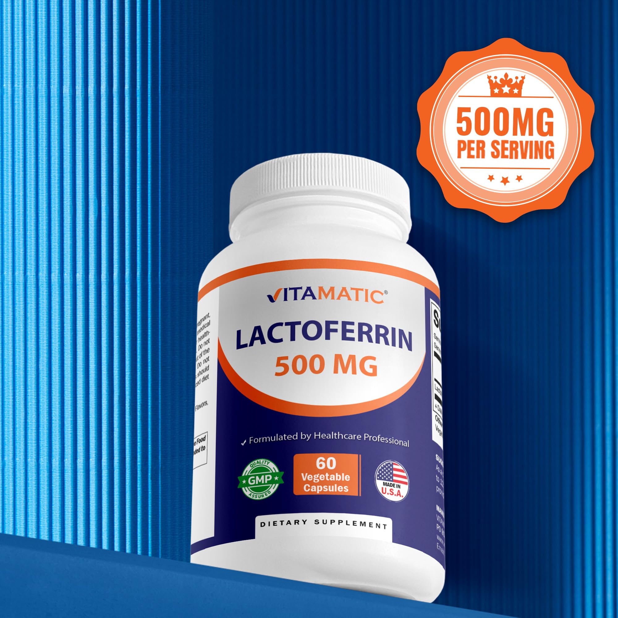 Vitamatic Lactoferrin packaging interior shows premium supplement composition