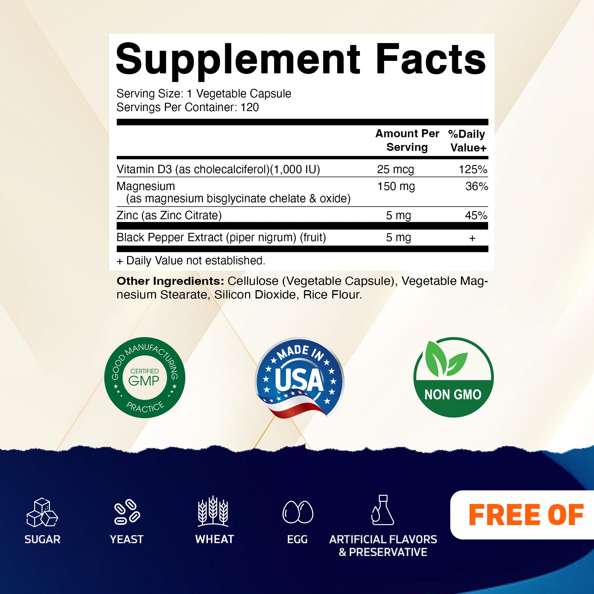 Vitamatic Magnesium capsules label showing D3 and Zinc for daily wellness support.