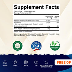 Vitamatic Magnesium capsules label showing D3 and Zinc for daily wellness support.
