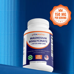 Vitamatic Magnesium icon set highlights non-GMO and gluten-free benefits.