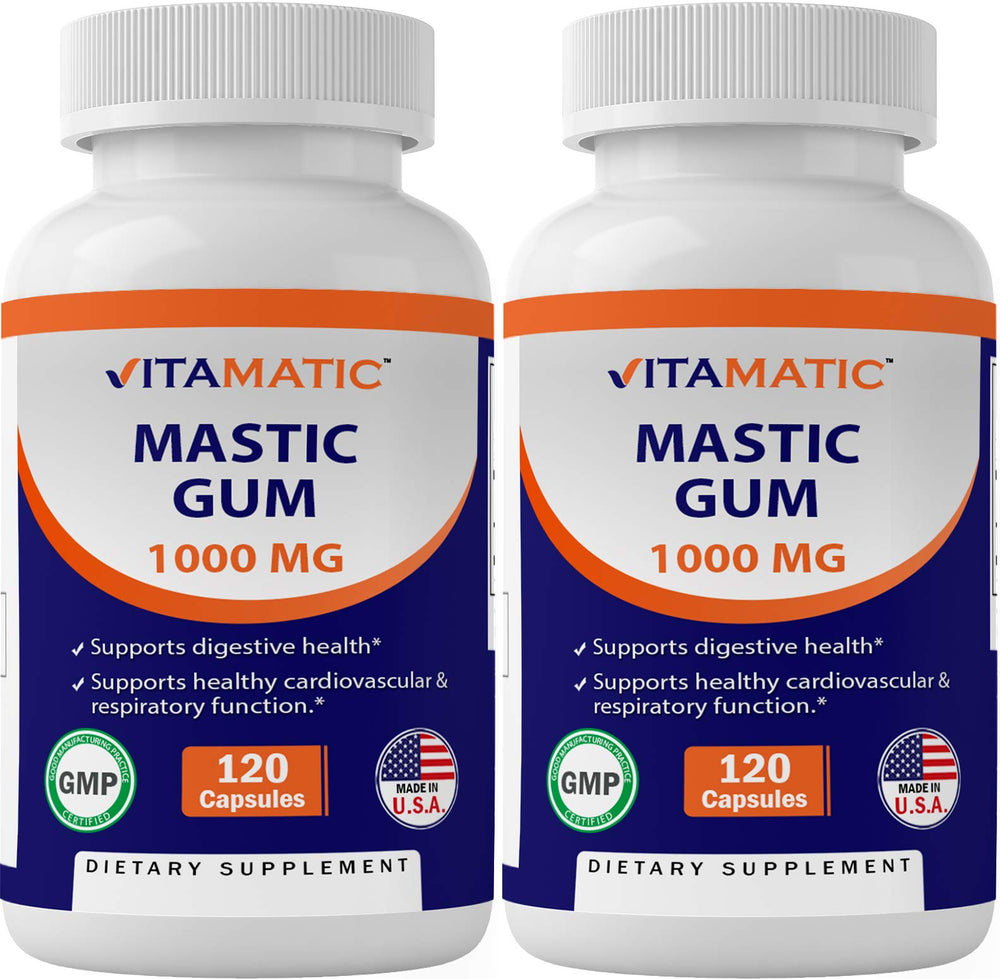 Vitamatic mastic gum 2-pack bottle supports digestive comfort and oral wellness.