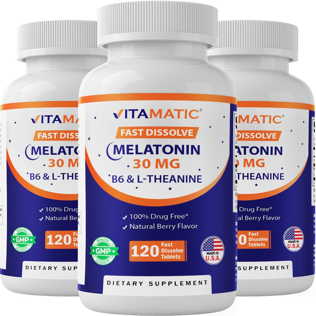 Vitamatic Melatonin 30 mg bottle front with berry flavor label.
