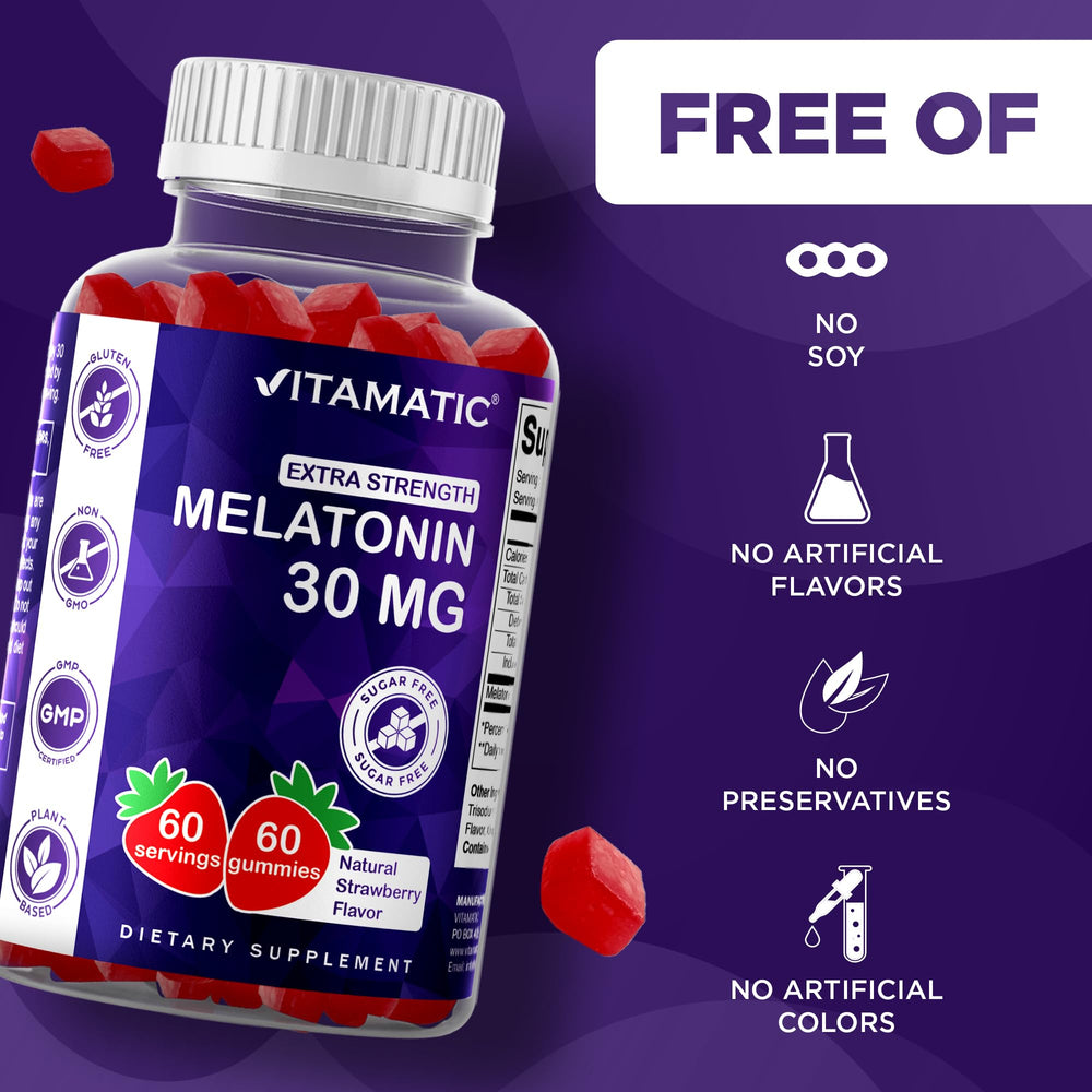 Vitamatic Melatonin Gummies 60-serving bottle sits on desk for nightly routine