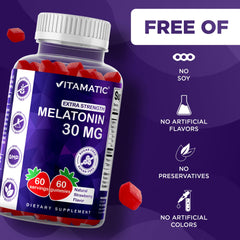 Vitamatic Melatonin Gummies 60-serving bottle sits on desk for nightly routine