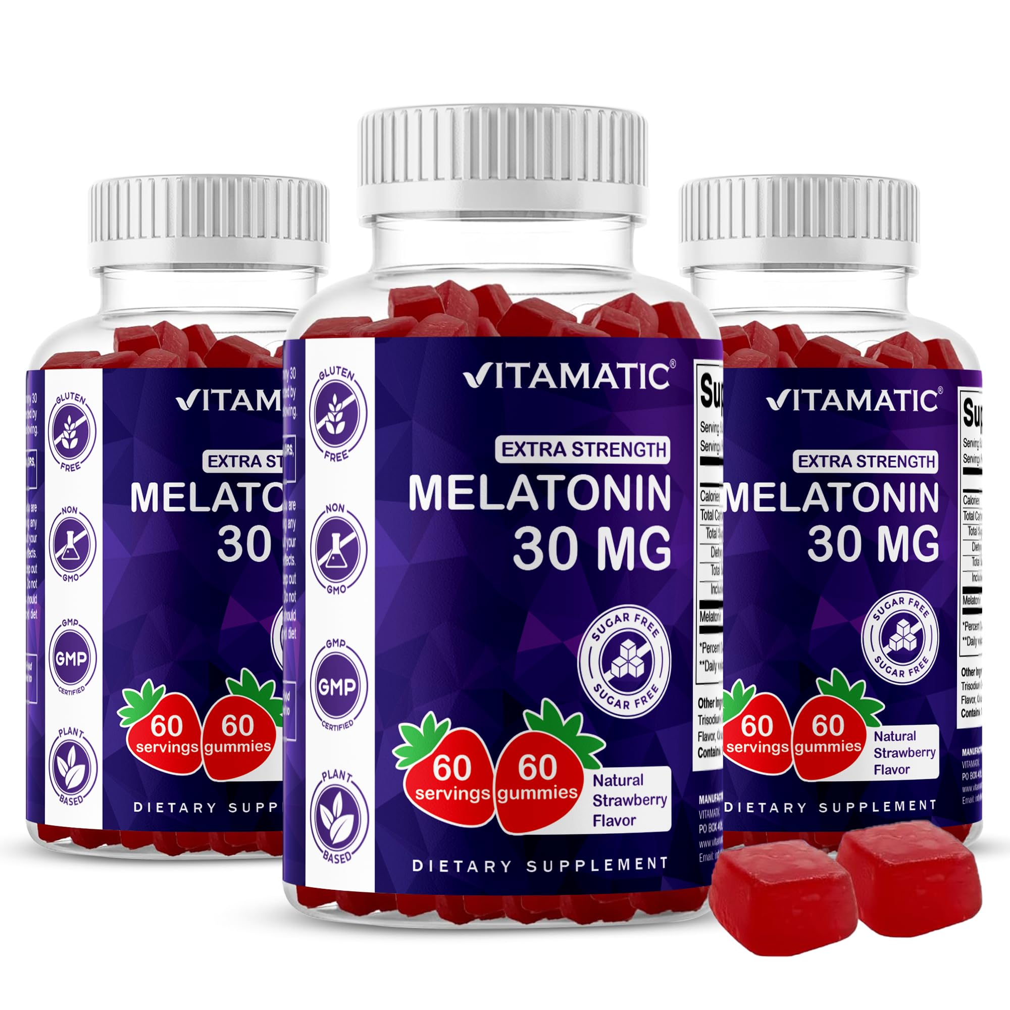 Vitamatic Melatonin Gummies strawberry front view shows a sugar-free night time treat