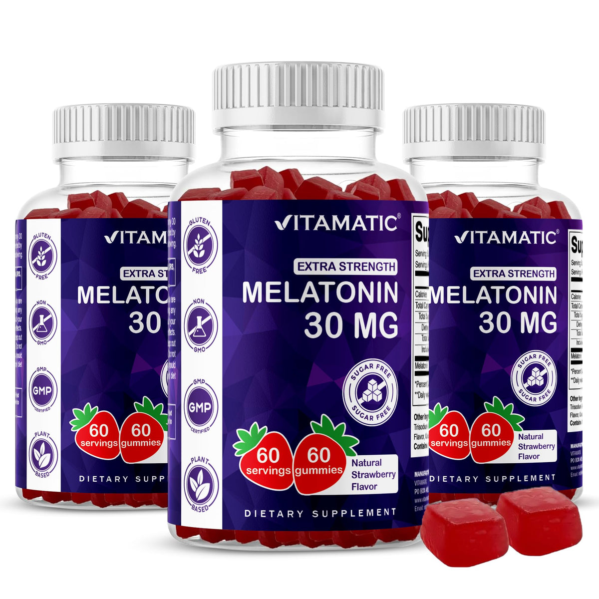 Vitamatic Melatonin Gummies strawberry front view shows a sugar-free night time treat