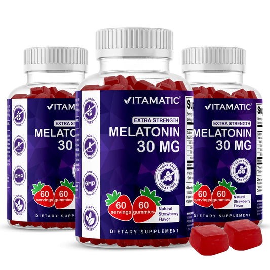 Vitamatic Melatonin Gummies strawberry front view shows a sugar-free night time treat
