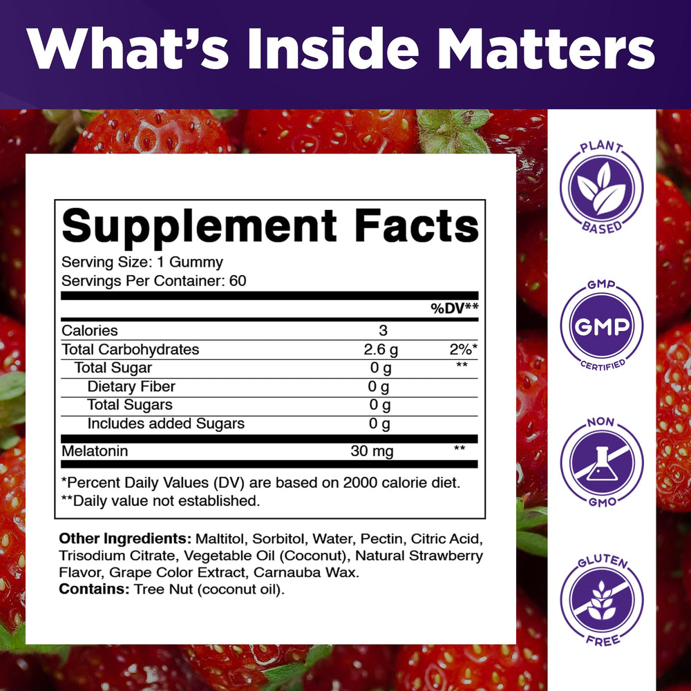 Vitamatic Melatonin Gummies strawberry front, vegan ingredients label