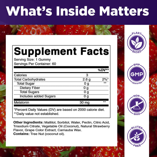 Vitamatic Melatonin Gummies strawberry front, vegan ingredients label