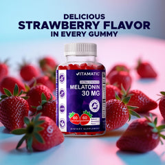 Vitamatic Melatonin Gummies sugar-free badge on bottle for clean ingredients