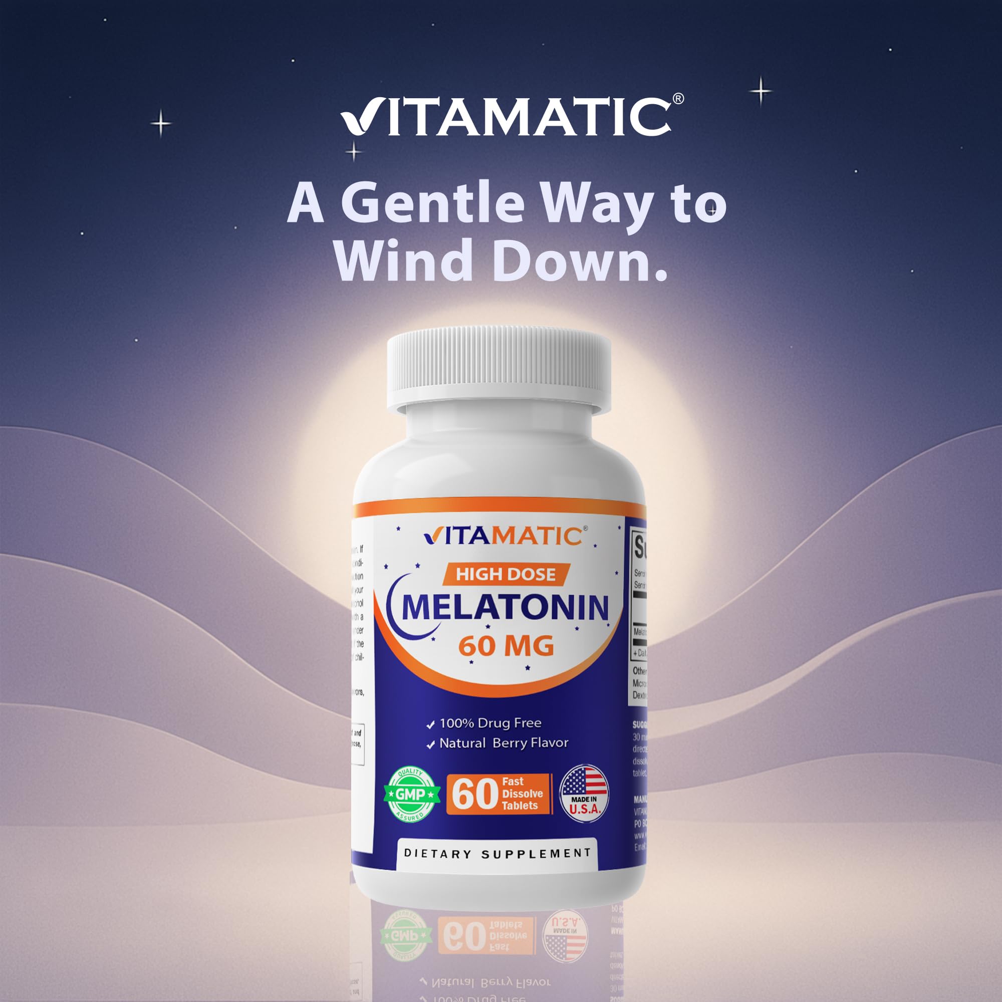 Vitamatic Melatonin on nightstand highlighting nightly routine