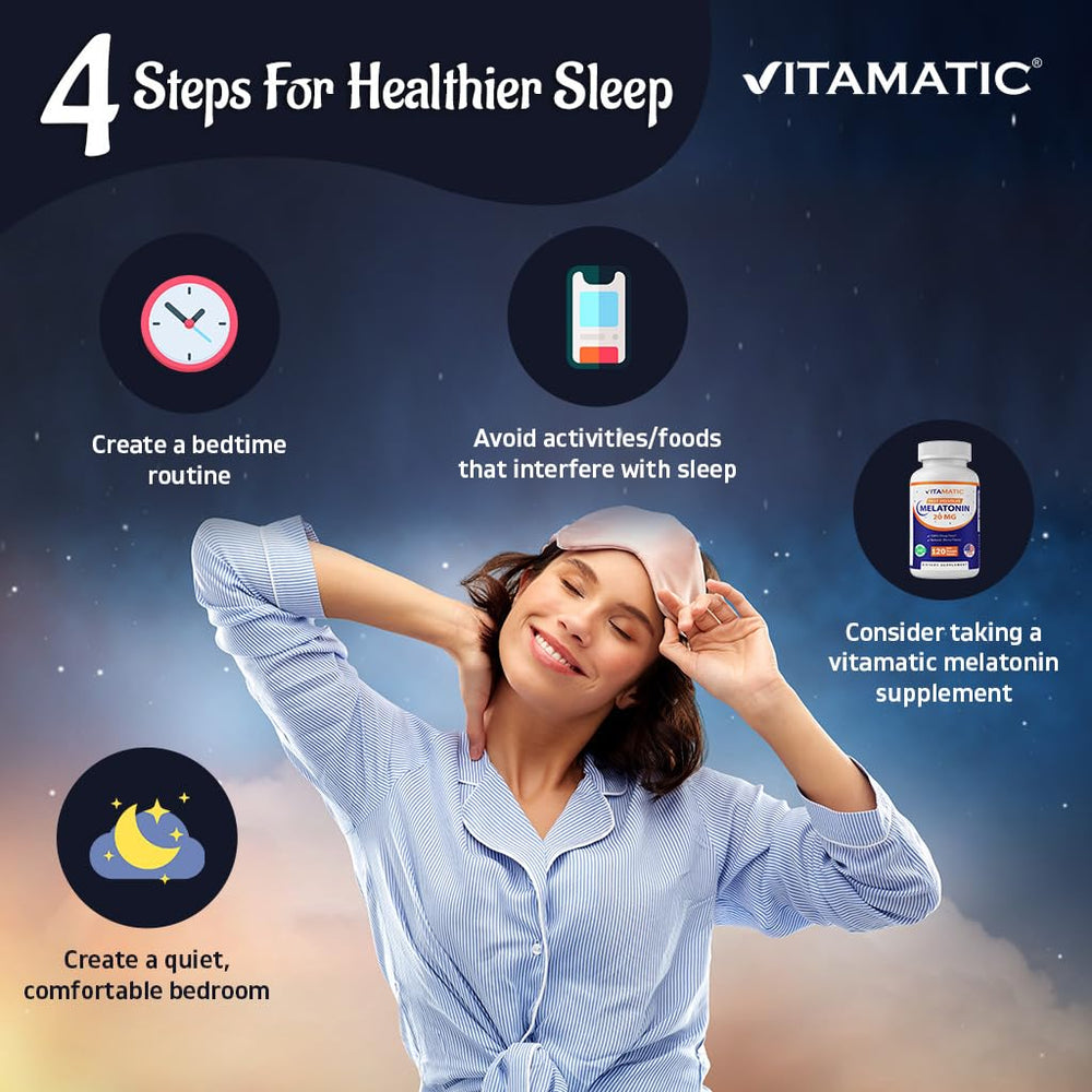 Vitamatic Melatonin vegetarian tablets arrangement emphasizing plant-based formula