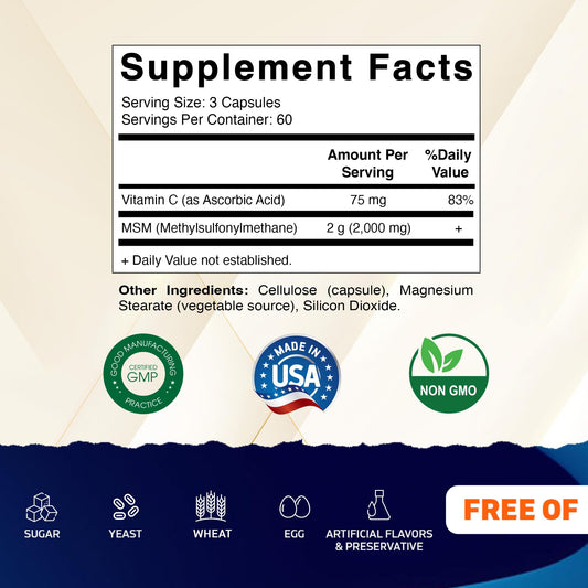 Vitamatic MSM 2000mg capsules close-up for easy daily use.